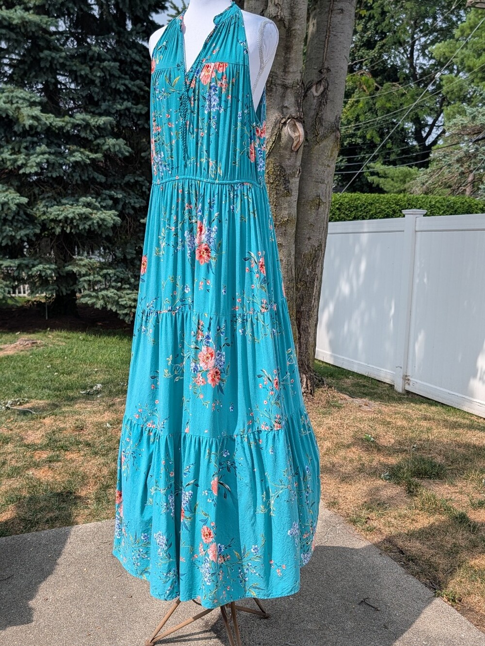 Maxi Dress Lauren Conrad Floral 100% Rayon Size XL Halter Top Sleeveless Teal - Picture 10 of 10